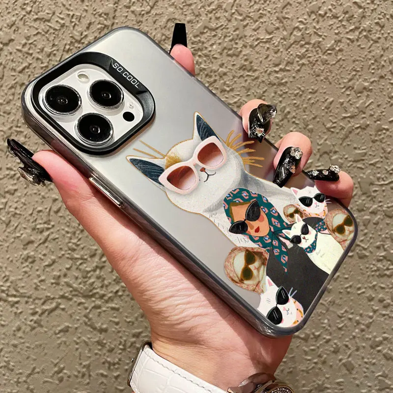 

Cartoon Cute Cat Headscarf Women Pattern Phone Case For iPhone 13 12 Mini 11 Pro Max 16 15 14 Plus Pro Max Shockproof Laser Case