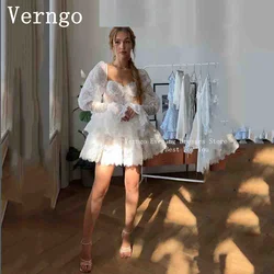 Verngo lvory Lace Short Prom Gown Sweerheart Puff Full Sleeves Mini Evening Dress Elegant Homecoming A Line Birthday Party Dress