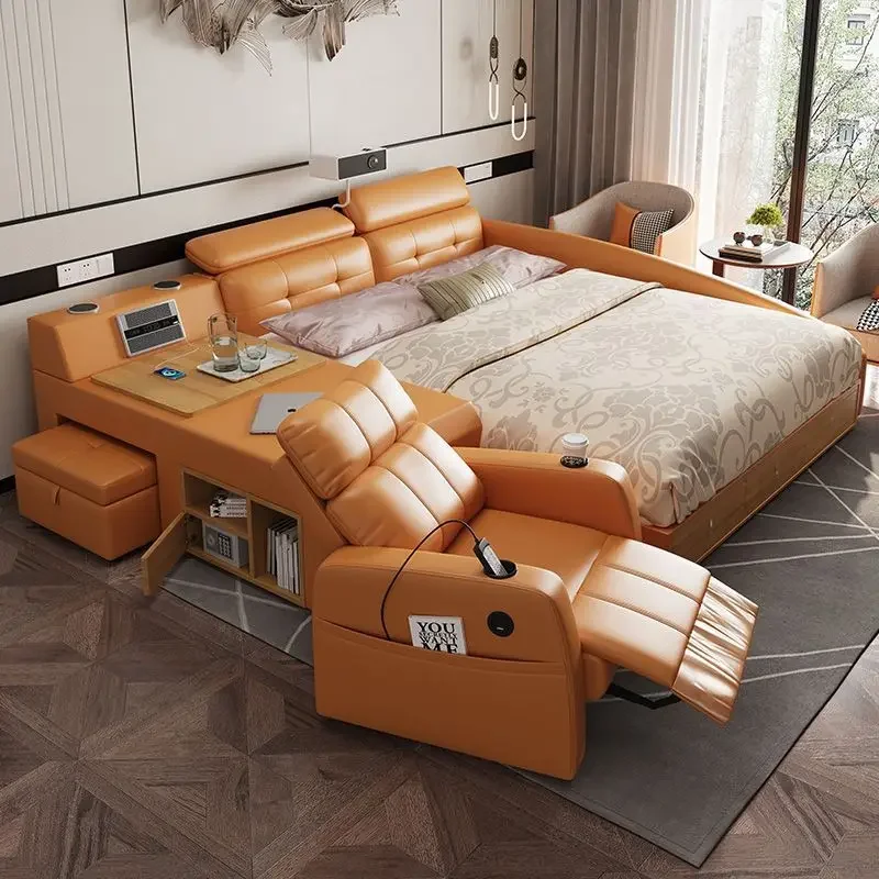 Multifunctional electric smart tatami leather bed master bedroom modern simple sofa bed