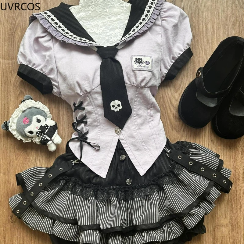 Japanese Preppy Style Sweet 2 Piece Set Women Kawaii Sailor Collar Blouse Stripe Cake Mini Skirts Suit Gothic Y2k Lolita Uniform