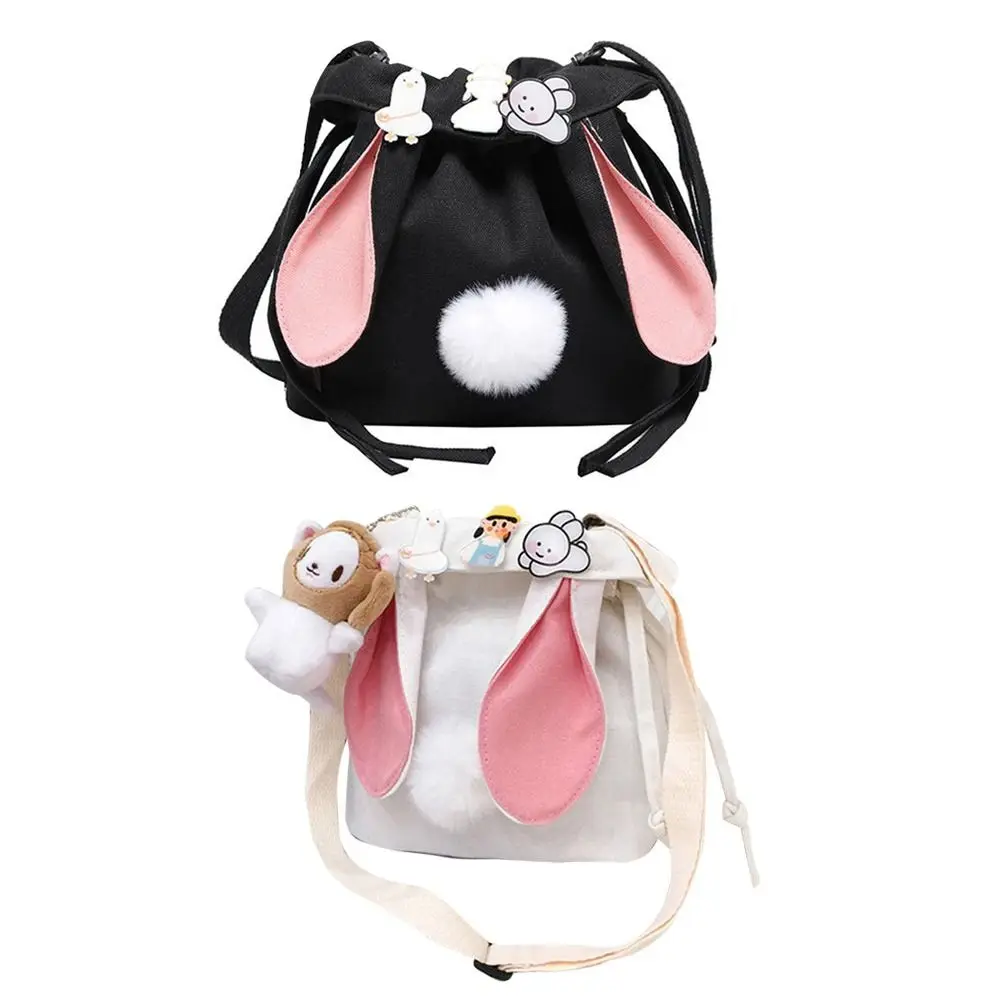 Fashion Women Canvas Crossbody Bags Female Cute Rabbit Shoulder Messenger Bag Drawstring Bucket Bag Handbags