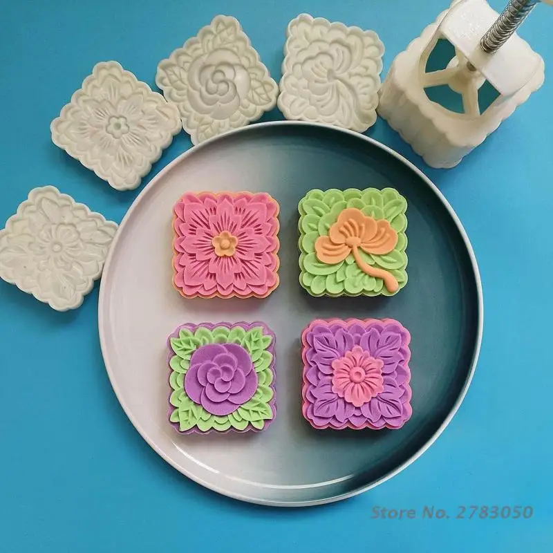 180g Squre Mooncake Mold with 4 Different Flower Shaped Stamps Mid-Autumn Festival Cookie Mould Cookie Cutters for DIY Baking