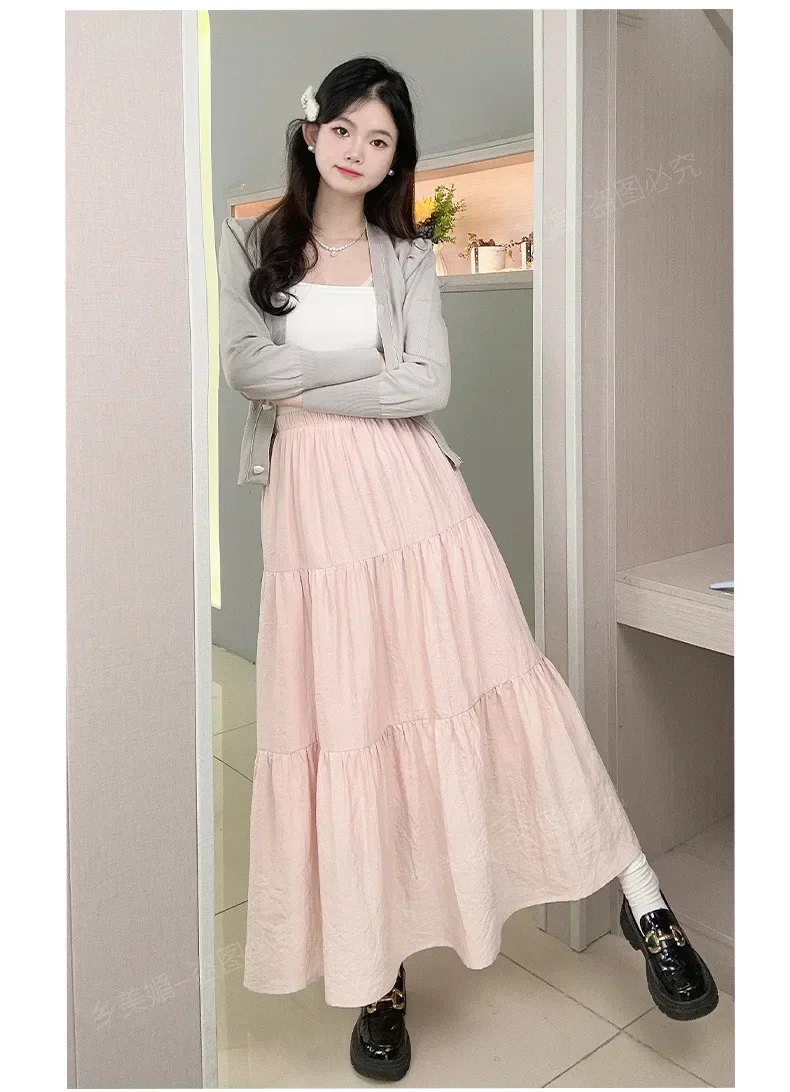 

Летняя розовая длинная юбка трапециевидной формы для женщин, новинка 2023 года, модные элегантные милые юбки с высокой талией в корейском стиле