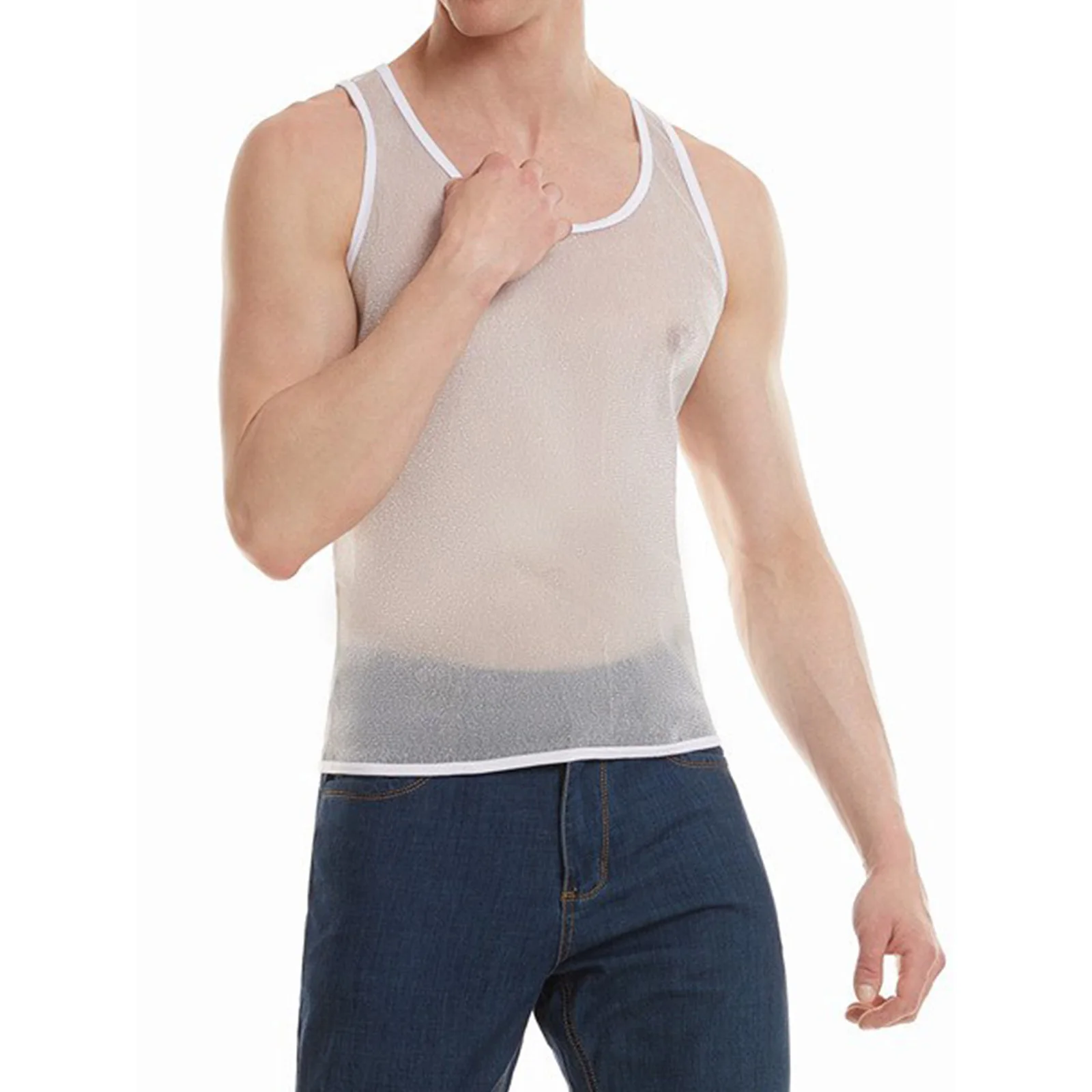 

Men Sheer Mesh Transparent Sport Tank Top Sleeveless Sheer Shimmery Stretchy Breathable Vest Athletic Shirt Showing Muscle Tops