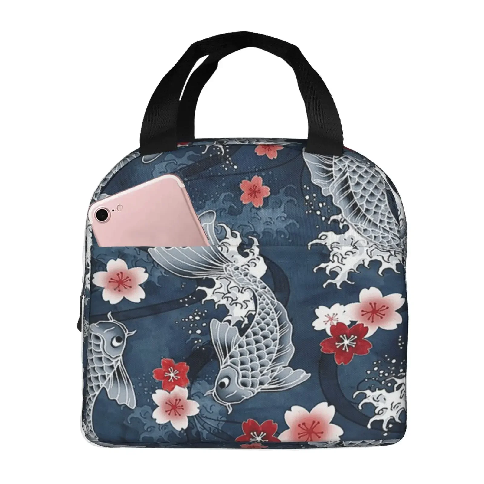 Koi Cherry Sakura Blossom Print Portable Lunch Boxes Waterproof Thermal Cooler Food Insulated Lunch Bag  School