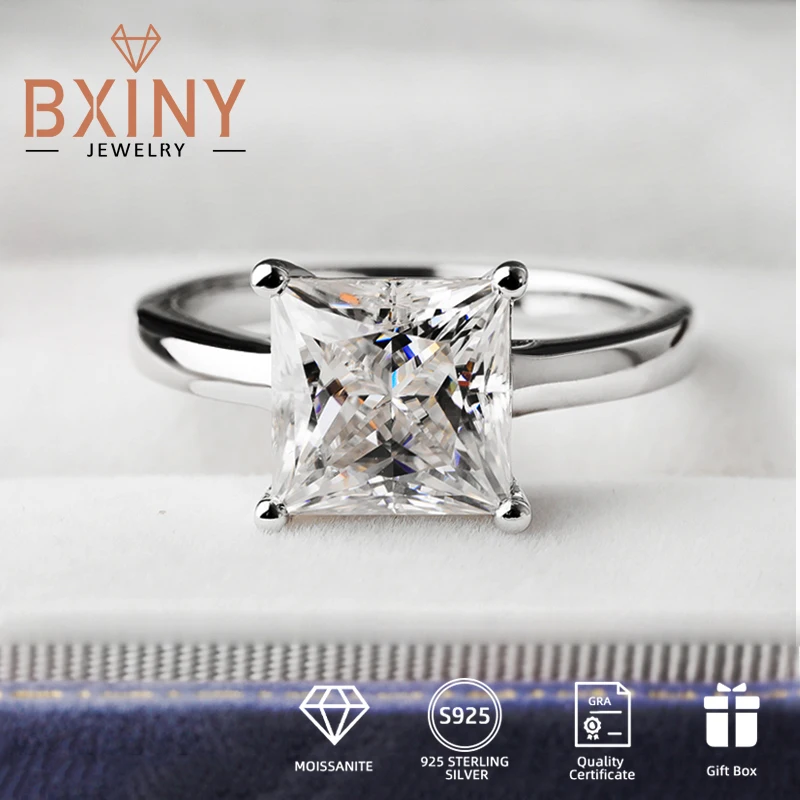 

BXINY 1/2/3/4Carat Princess Cut Moissanite Ring 100% S925 Silver Square Diamond Solitaire Rings for Women Gift Fine Jewelry GRA