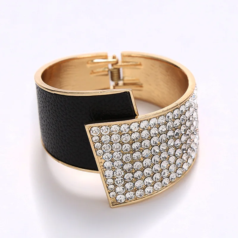 KMVEXO Punk Full Crystal Rhinestone Wide Open Cuff Bangles for Women Fashion Statement Vintage Leather Bracelets Steampunk Men