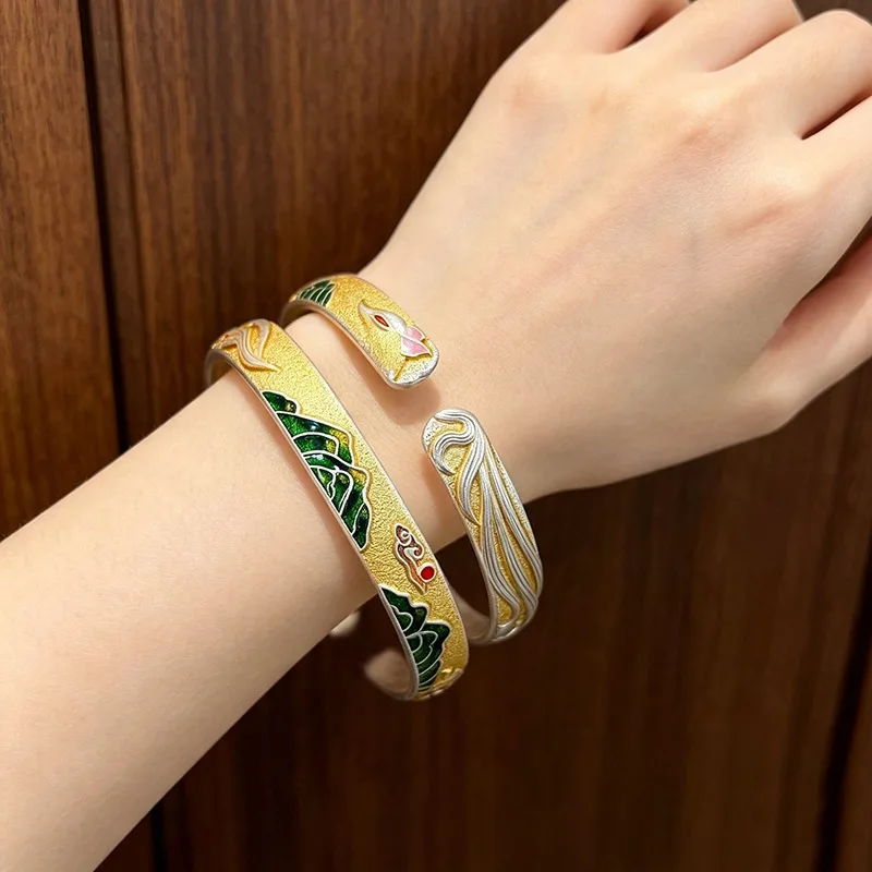 Golden Enamel Cute Fox Sunset Mountain 925 Sterling Silver Resizable Opening Bracelet For Women Fine Bangle Luxury Jewelry BR425