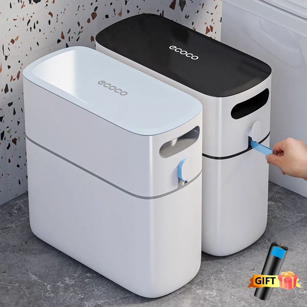 Automatic Packing Trash Can Wastebasket with Lid Bathroom Toilet Waterproof Narrow Seam Storage Bucket Press-Type Garbage Bins