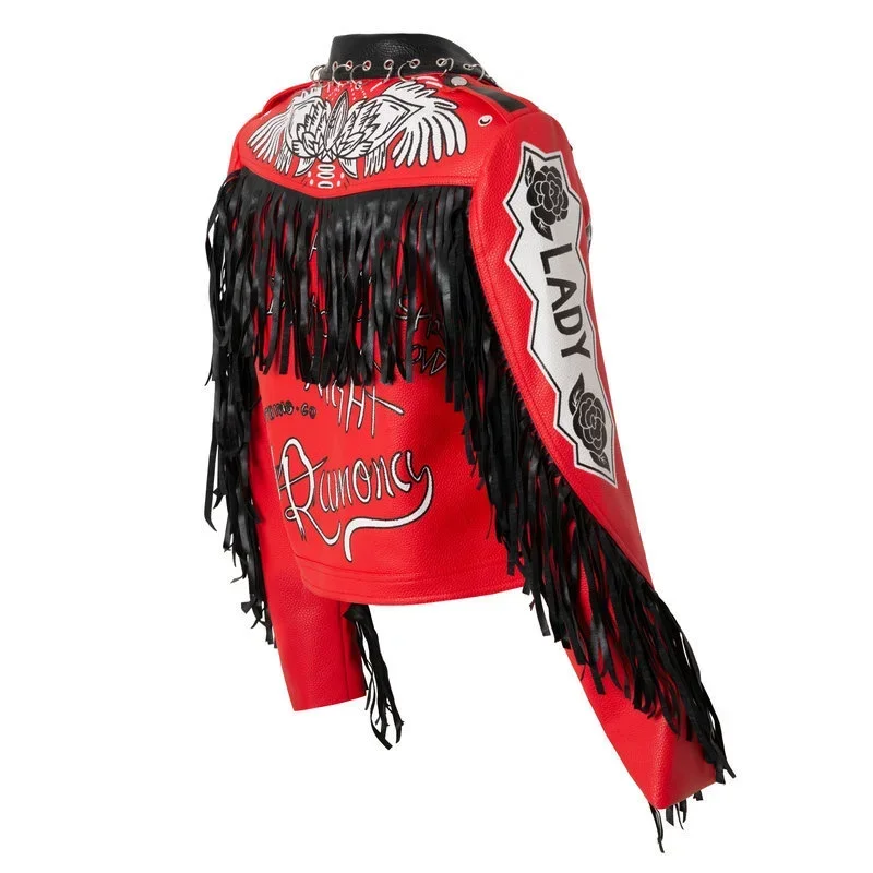 Streetwear Contrast Fringed Cropped Leather Jacket for Women 2024 New Slim-fit Zipped Printed Red Faux Leather Motorcycle Jacket