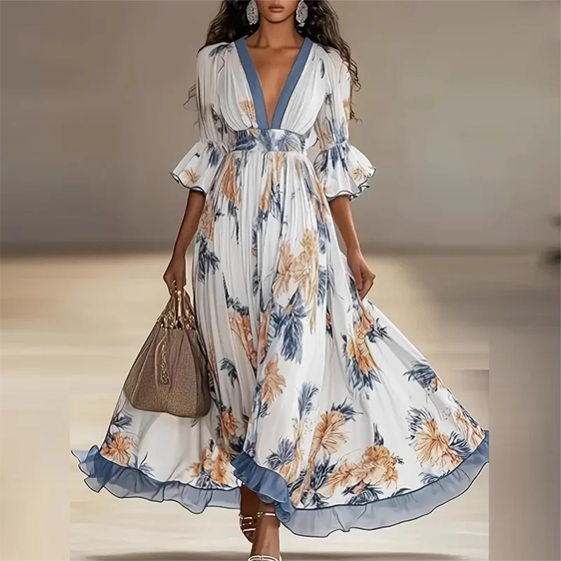 Fashion Print Splicing Mesh Long Dresses Woman Sexy Deep V Neck High Waist Swing Maxi Dress Autumn Half Sleeve Ruffle Boho Dress