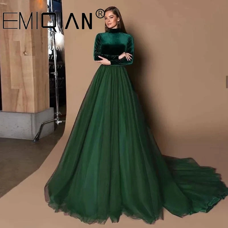 Custom Made Emerald Green Evening Dress High Neck A-Line Velvet Top Tulle Skirt Arabic Prom Wedding Party Gown