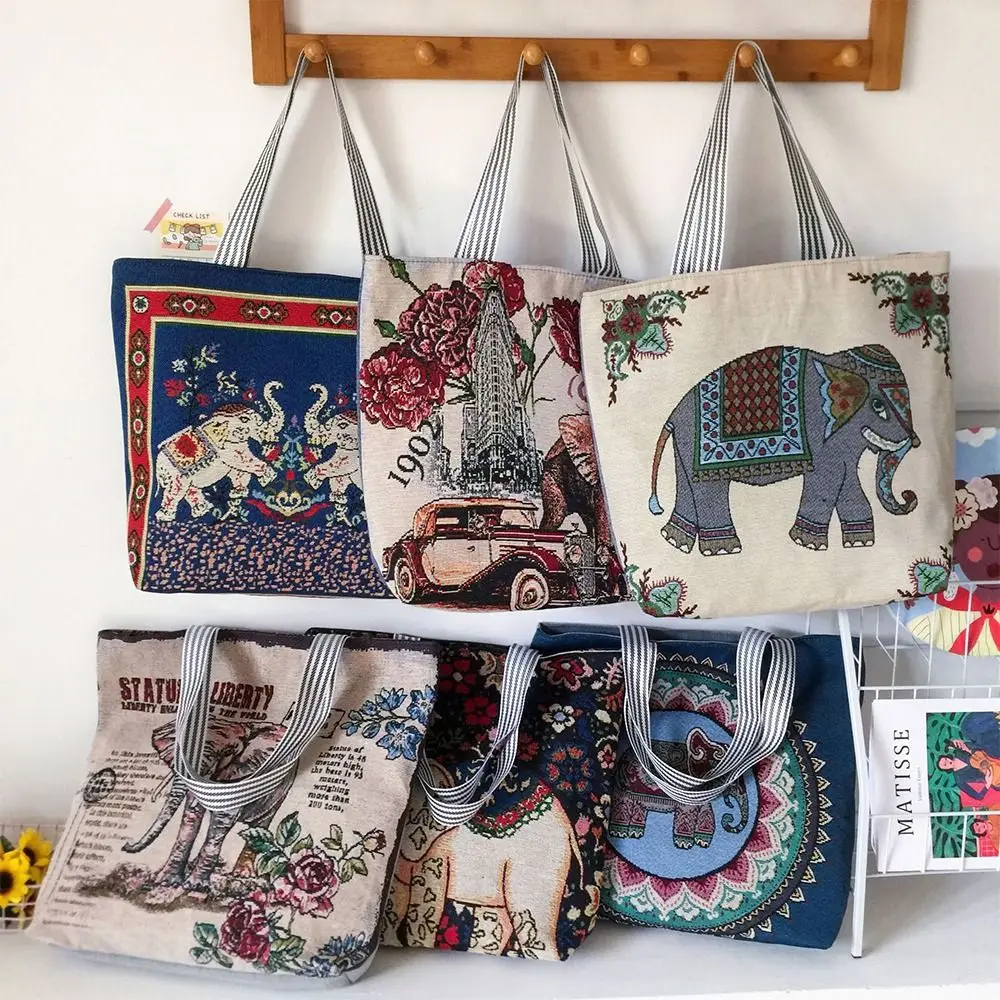 Elephant Pattern Canvas Shoulder Bag Printing Double-Sided Embroidered Handbags Vintage Large Students Book Bag Women Girls
