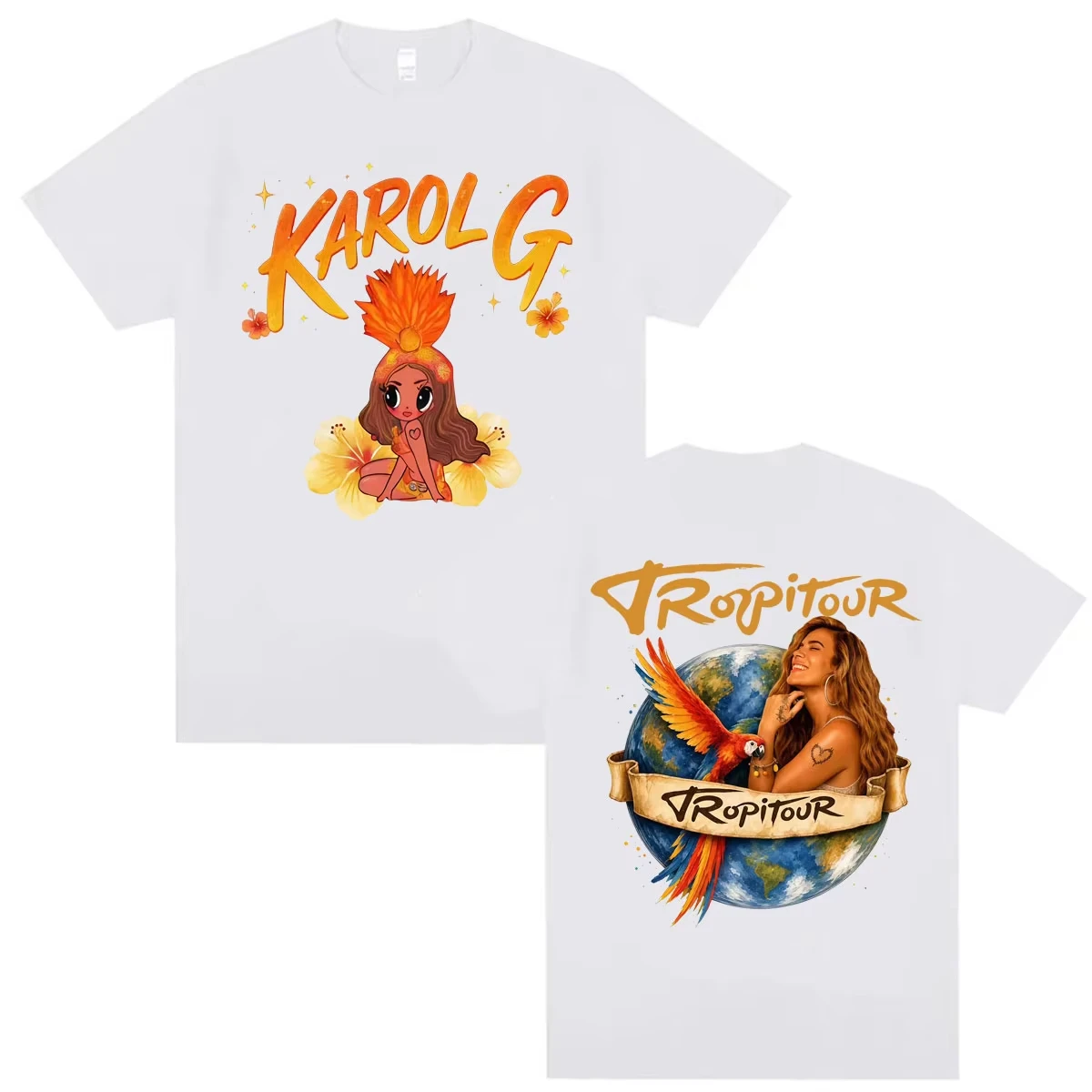 2026 Vintage Tropical Parrot Globe Graphic T Shirt Unisex Men Women 2026 Retro Cartoon Girl Hibiscus Flower Back Print Cotton