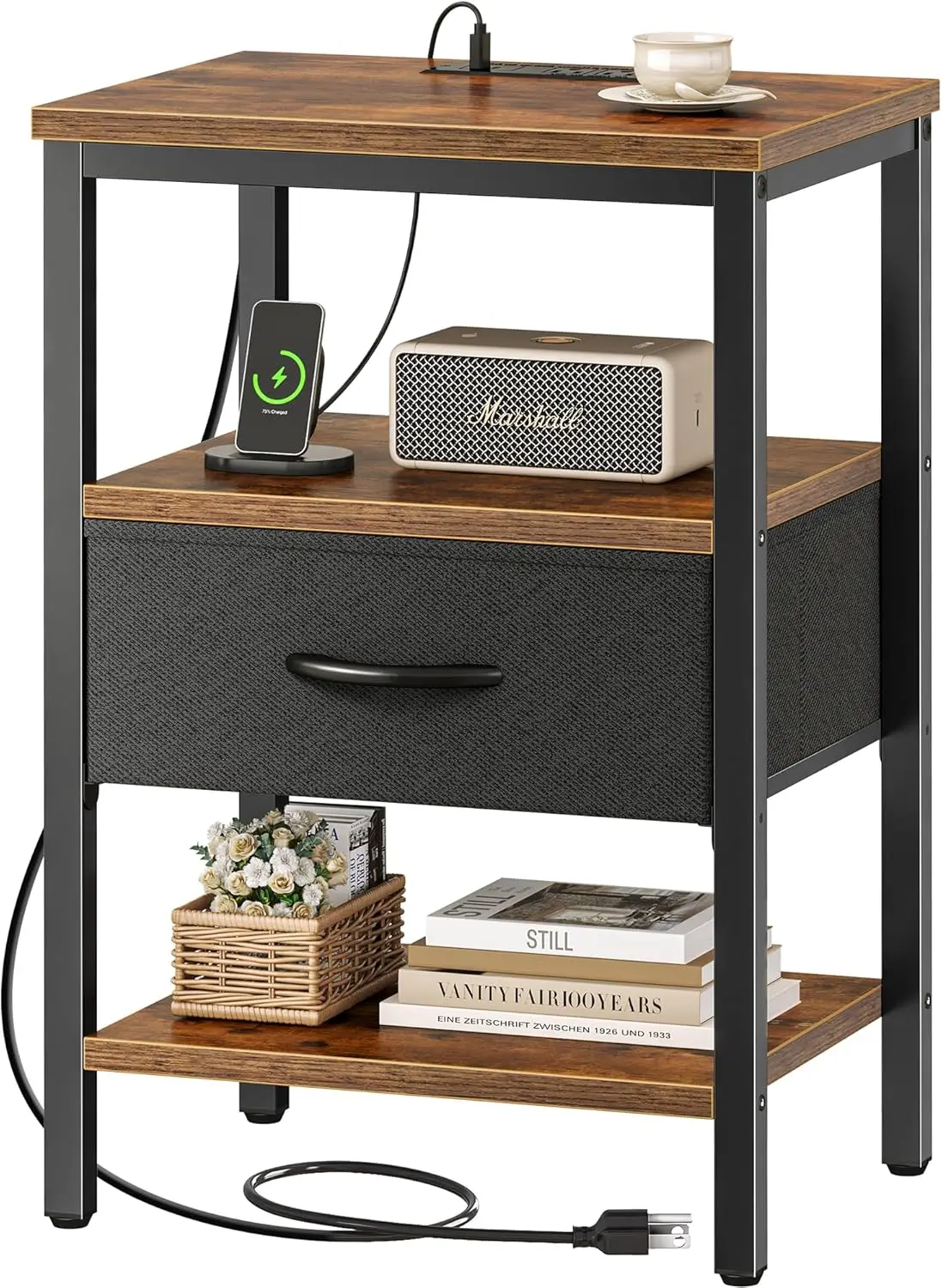 

Nightstand With Charging Station, Bed Side Table With Adjustable Fabric Drawer, Night Stand For Bedroom, 3-Tier Storag
