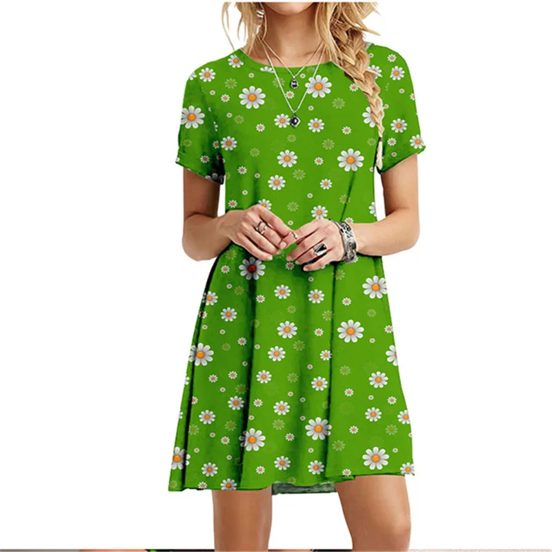 3D Green Leaves Floral Printed Mini Dress For Women 2022 Summer Loose Oversized Casual Short Sleeve O-Neck A-Line Dress Sundress