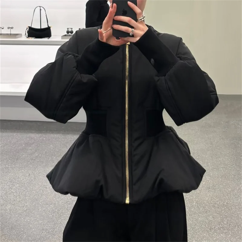 Women's down jacket 2026 Winter New Ribbed Knitted Splicing Women's Coat Waist cinched slim puffer jacket duck down filling coat