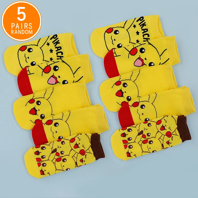 

5 Pairs Four Seasons Women's Fashion Cartoon Anime Pok é mon Versatile Sweet and Cute Pikachu Casual Breathable Straight Socks
