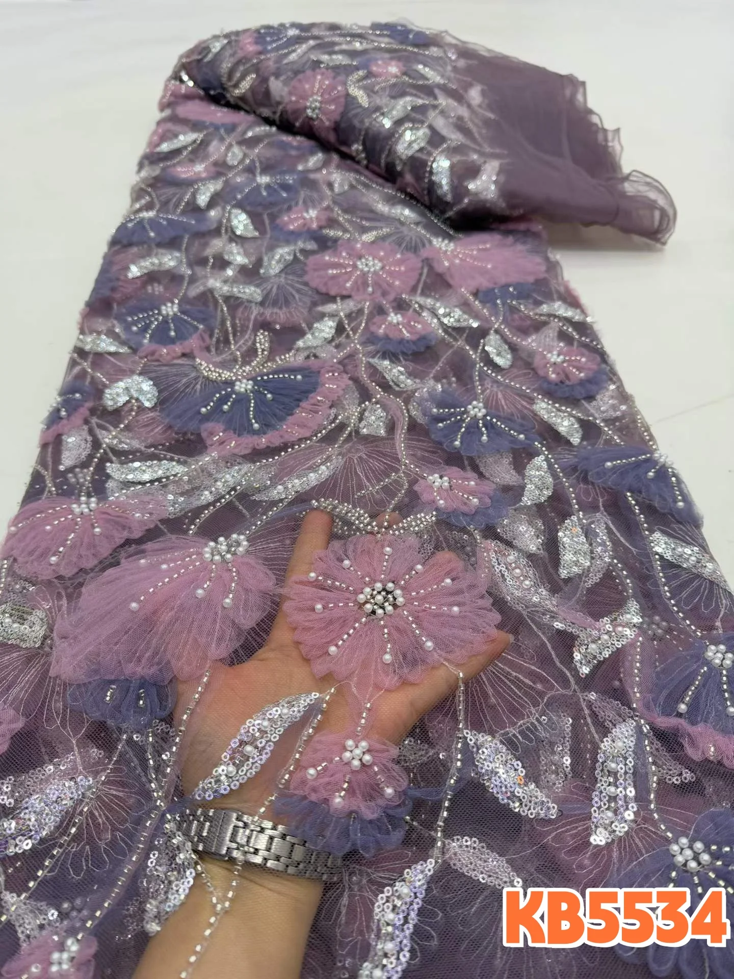 YALISI African 3d Flower Beaded Sequins Lace Fabric 2026 High Quality Pink French Mesh Tulle Lace Fabric for Party Dress KB5534 view 6