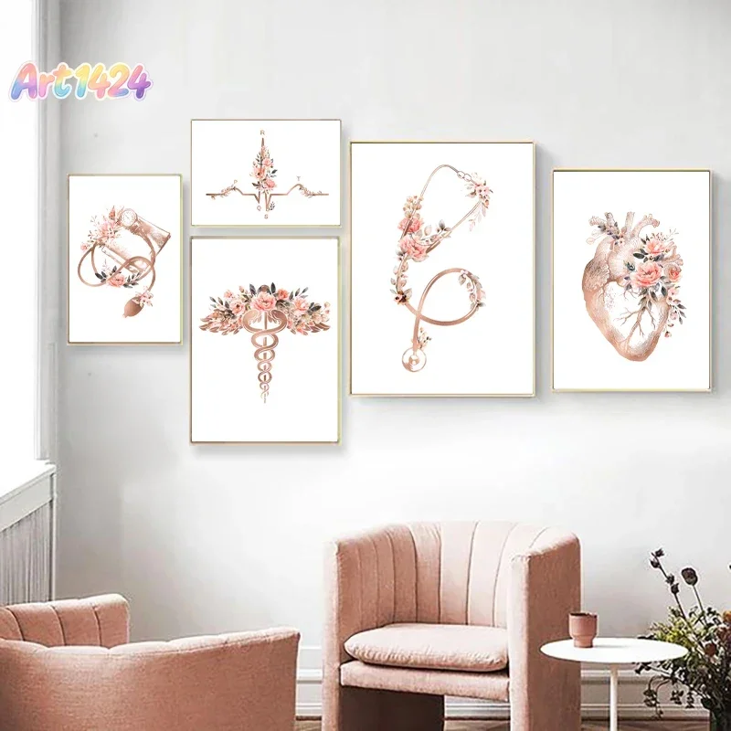 Heart Stethoscope EKG Flower Medical Posters and Prints Cardiologist Office Wall Art Pictures Canvas Painting Decor Doctor Gi