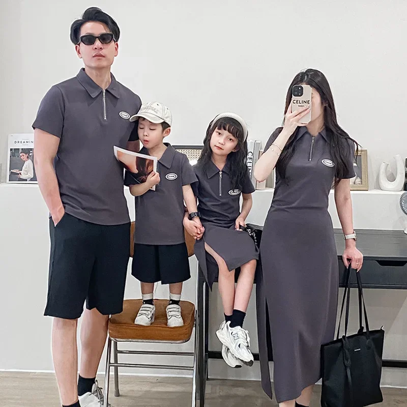 2026 Summer Family Matching Outfits Minimalist Polo Shirts & Dresses Casual Cotton Set for Mom Dad Kids Daily Wear