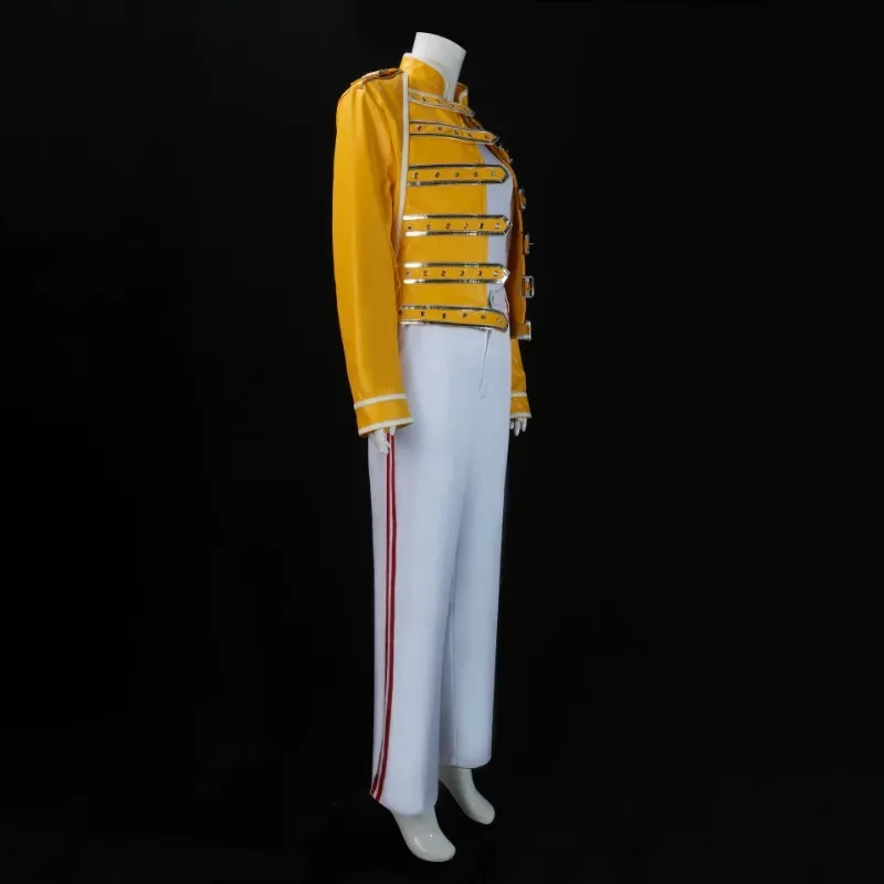 

CyFreddie Mercury Bohemian Rhapsody Cosplay Costume Set Yellow Jacket White Singlet Undershirt Dress Up Halloween Party Costumes