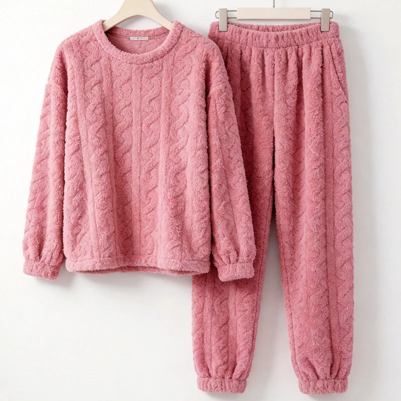 

Thickened Warm Flannel Women Pajamas Loungewear Winter Solid Striped Sleepwear Homewear Two-Piece Set College Students Nightwear
