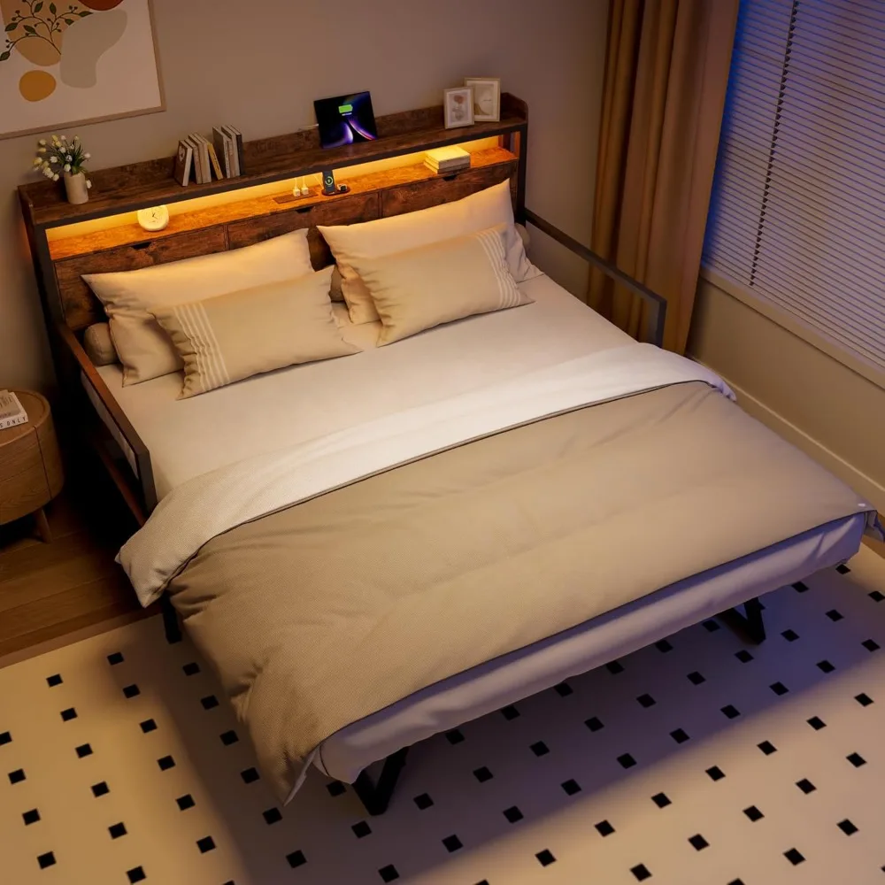 سرير نهاري مع دولاب، سرير مزدوج إلى كينج، سرير نهاري، إطار سرير معدني شديد التحمل مع لوح رأسي للتخزين ومحطة شحن #3