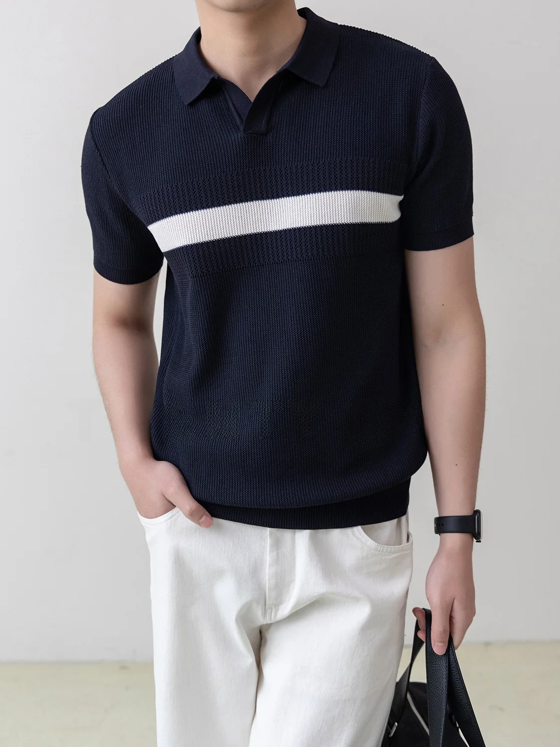 Summer Short Sleeve  Shirt Men's Commuter Business Knitted T-Shirt Upper Body Color Block Stripes Standard Fit Breathable