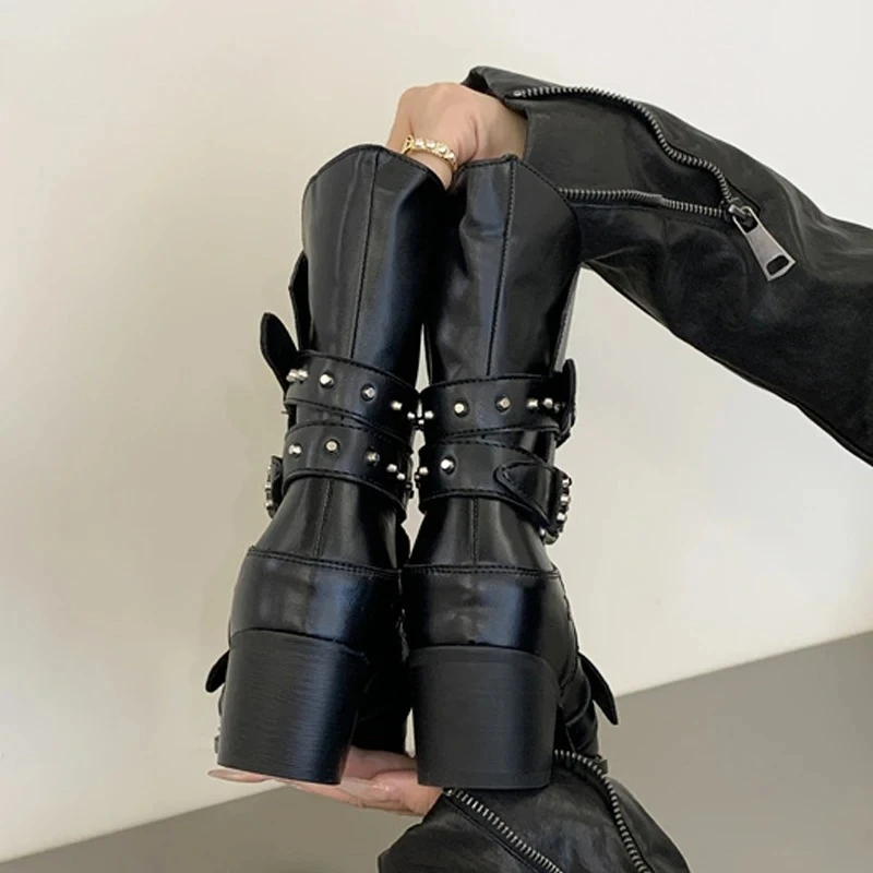 botas-feminina-ankle-boots-for-women's-pointed-toe-low-square-heel-short-boots-studded-straps-buckle-decor-motorbike-booties