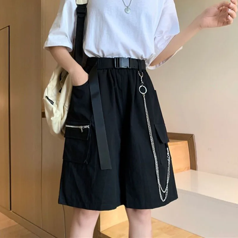 

Harajuku Casual Loose Straight Shorts Women Fashion High Street Chain Cargo Shorts Female Black Hip Hop Streetwear Short Pants