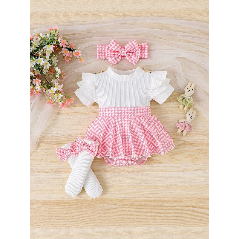 Stylish baby girl infant houndstooth patchwork dress with flutter sleeves and cute bow headband two-piece set