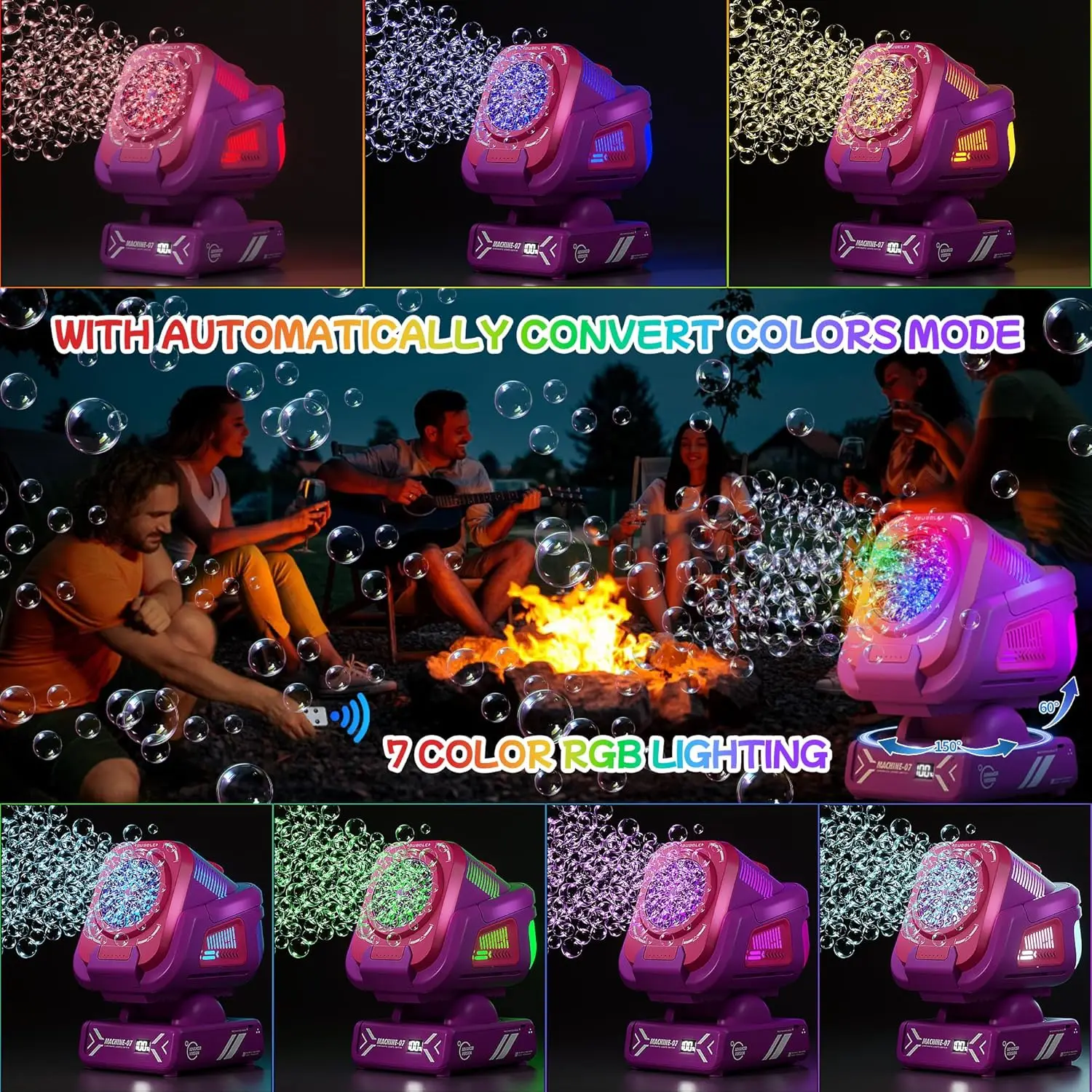 เครื่องทำฟองสบู่อัตโนมัติที่ทนทาน: ฟองขนาดใหญ่กว่า 18,000 ฟอง/นาที, ชาร์จใหม่ได้, ควบคุมด้วยรีโมท, ไฟ RGB 7 สี