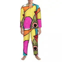 Conjunto de pijama de bloque de Color artístico para hombre, ropa de dormir bonita, de manga larga, holgada, de ocio, de dos piezas, talla grande XL, 2XL