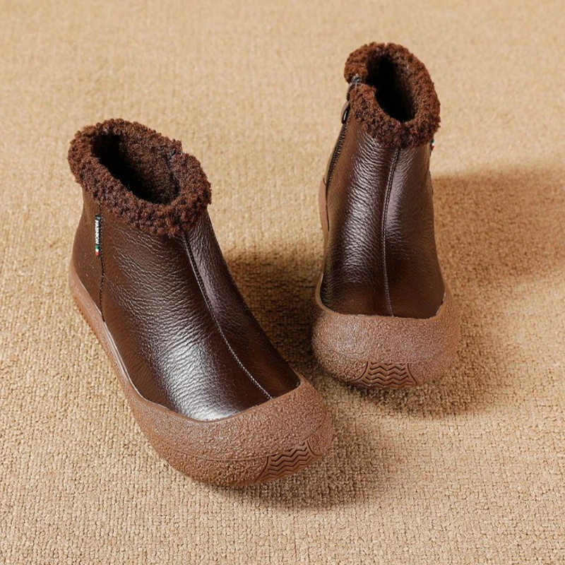 Genuine Leather Warm Cotton Boots Ankle Boots Cowhide Soft Botton  Surface Winter Thick Sole Mother Shoes