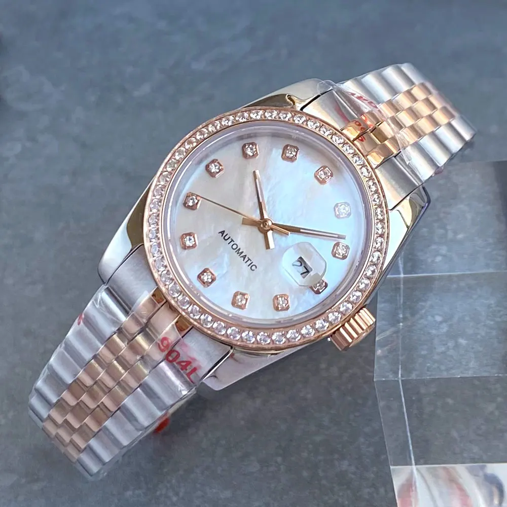 BLIGER Rose Gold 31mm Shell Dial Lady Watches NH05 Automatic Movt Watch Women Diamond Bezel Ring Sapphire Glass Luxury Clock