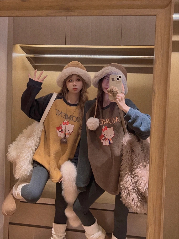 

Женская теплая футболка Yukiss с длинным рукавом из велюра, свободного кроя, с цветными блоками, повседневный дизайн