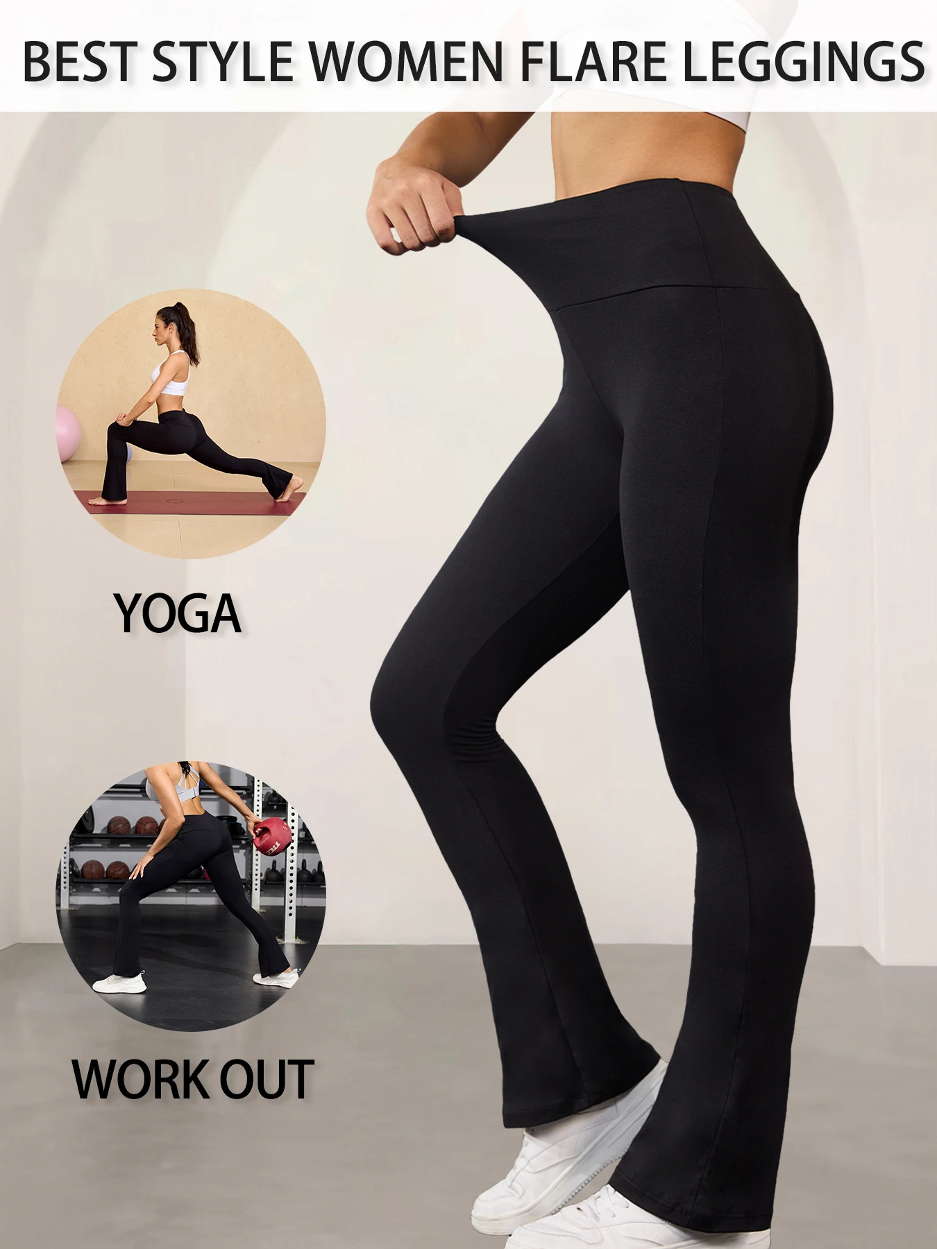 Pantalon de yoga évasé pour femme grande taille avec taille haute et cuisses ajustées. Idéal pour l'aérobic et les loisirs.