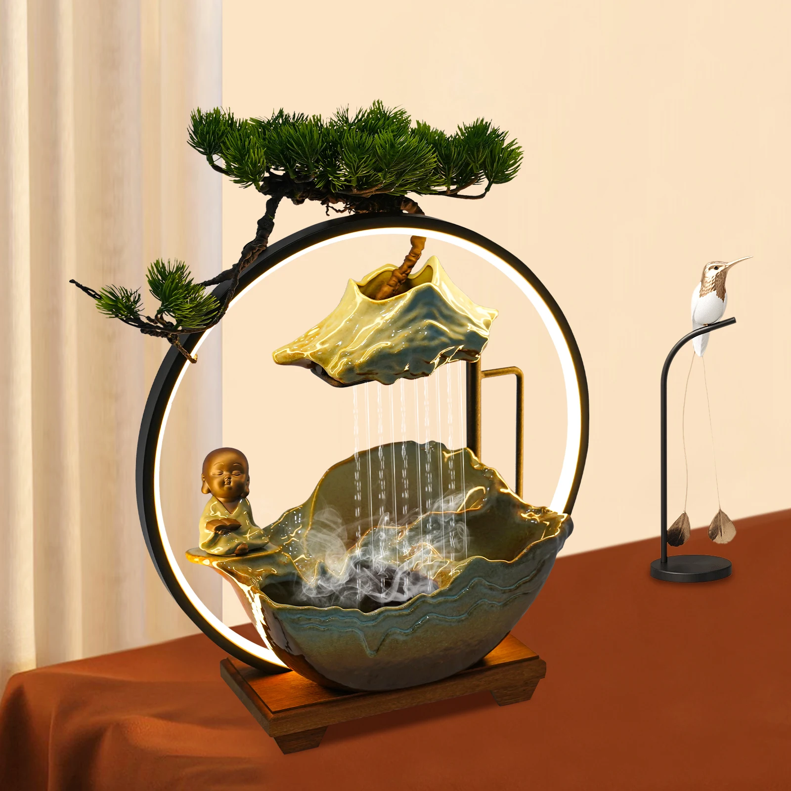 

BYMAOCAR Ceramic Buddha Water Fountains, W/ LED Light for Feng Shui Wealth Boom W/ Mist for Meditation for Indoor Decor
