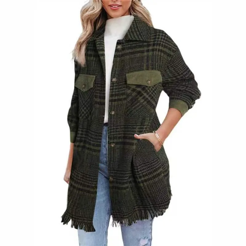 Women's checked wool lapel jacket, long sleeve shirt, single breasted, fringe