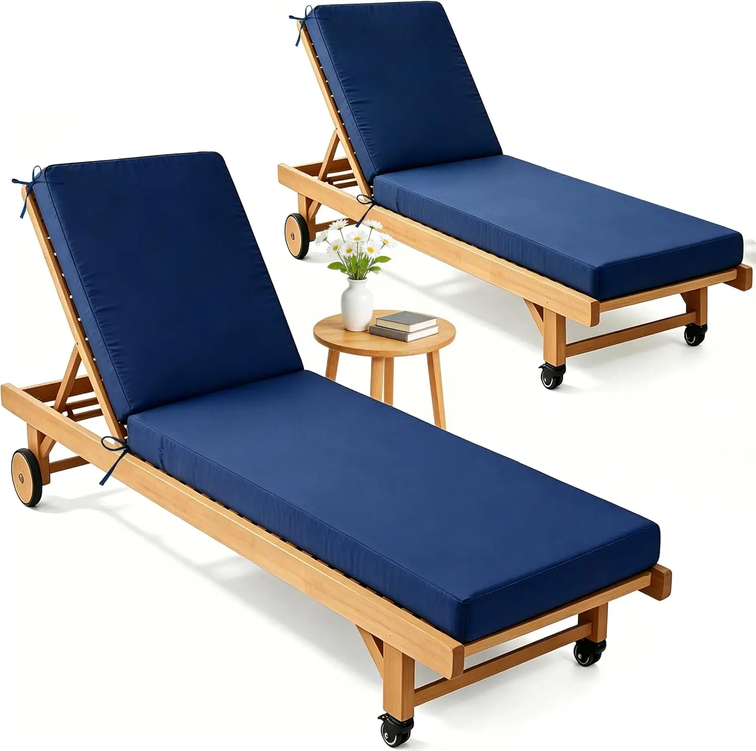 Set of 2 Outdoor Chaise Lounge Cushions, 72 x 21 x 3.5 Inch Waterproof Fade-Resistant Patio Chair Cushions for Furniture Replacement, Thickened Pool Lounger Pads with 4 Tie Straps, Navy Blue for Lawn and Poolside
