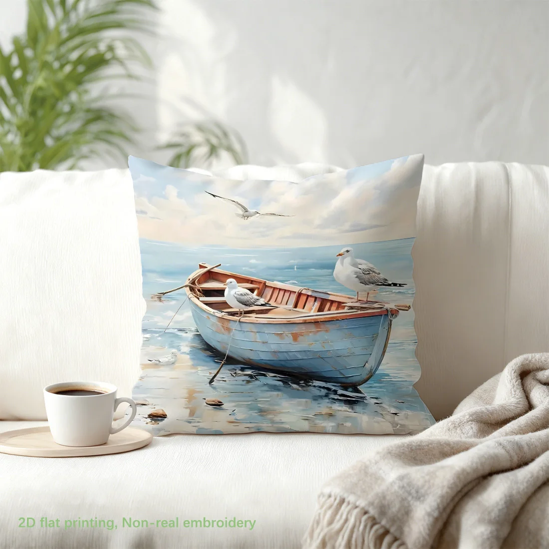 Coastal Seagull Boat Throw Pillow Cover Ocean Beach Nautical Decorative Pillow Case for Home & Living Room