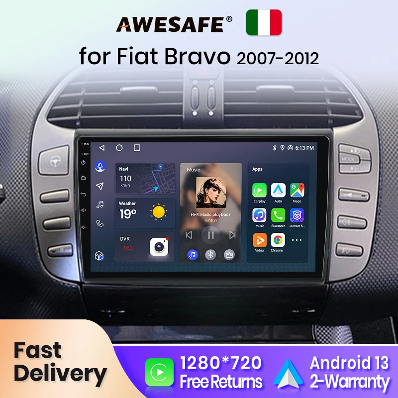 AWESAFE Wireless CarPlay for Apple Android 13 Auto Radio for Fiat Bravo 2007 2008 2009-2012 Multimedia Screen Stereo GPS RDS DSP