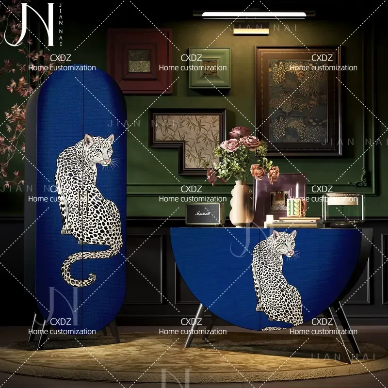 French retro solid wood semicircular cabinet Baolan Leopard shadow wardrobe living room wall side cabinet bedroom storage