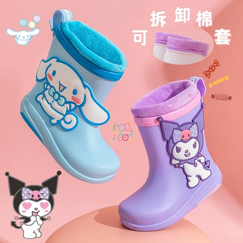 Kuromi Sanrio Waterproof Rain Shoes for Children with Velvet and Warm Cartoon Anti Slip and Wear Resistant Soft Sole High Boots