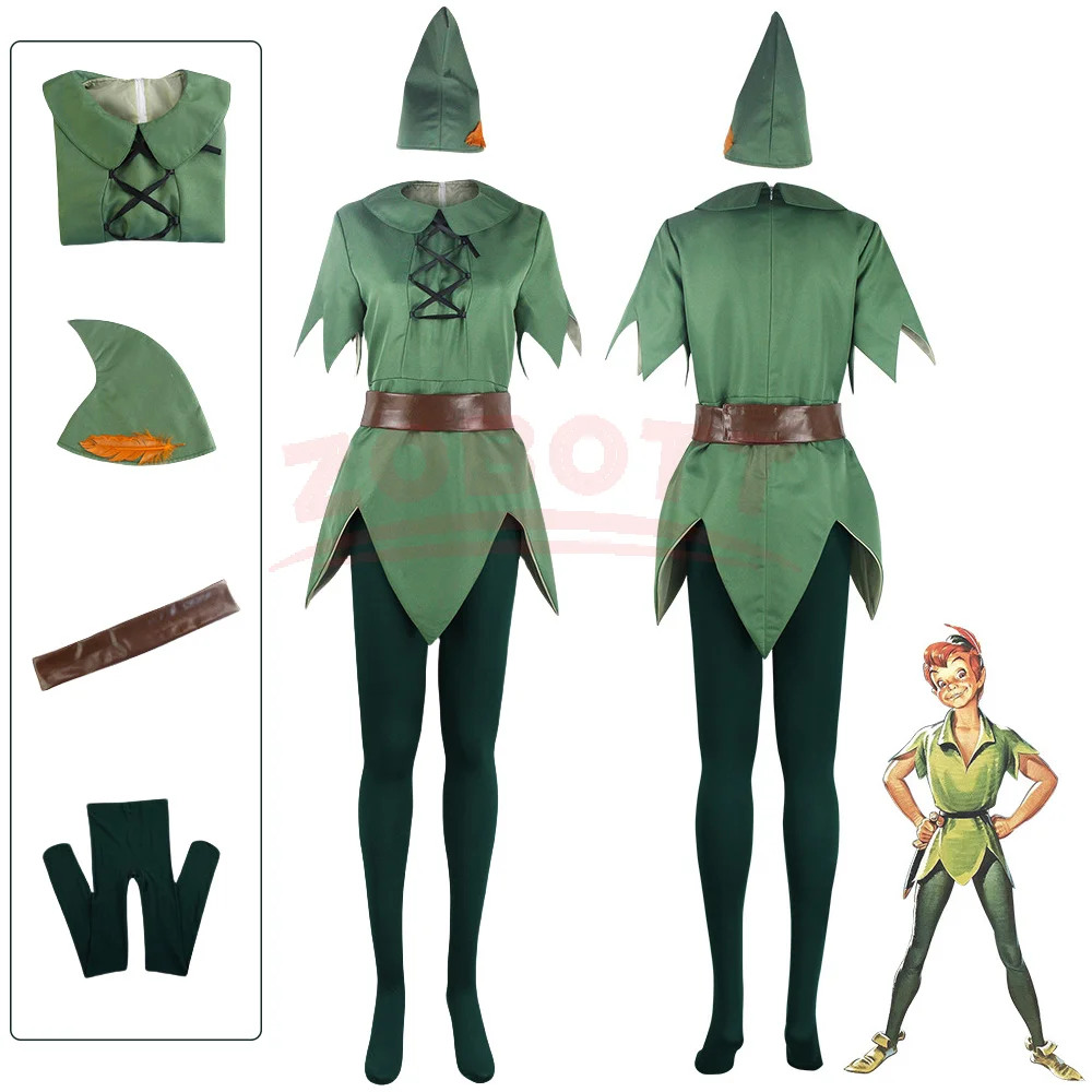 Disfraces de Peter Pan, disfraz de elfo verde para Halloween, traje para fiestas de carnaval, para hombres, disfraz de Peter Pan para películas, mono de Peter Pan.