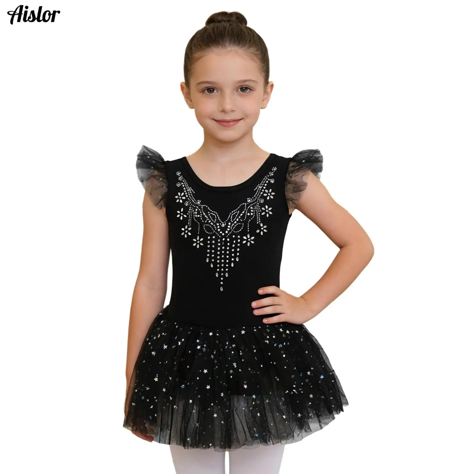 

Girls Dance Leotards for Ballet Dress Shiny Rhinestones Fairy Ballerina Party Tutu Skirt Bodysuit Dress Ruffle Sleeve Bow Back