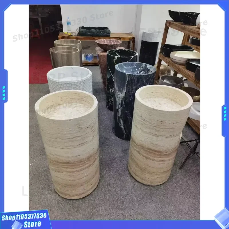 Natural Beige Travertine Marble Freestanding Basin High Quality Stone Bathroom Wash Sink 100 Percent Natural Marble Base