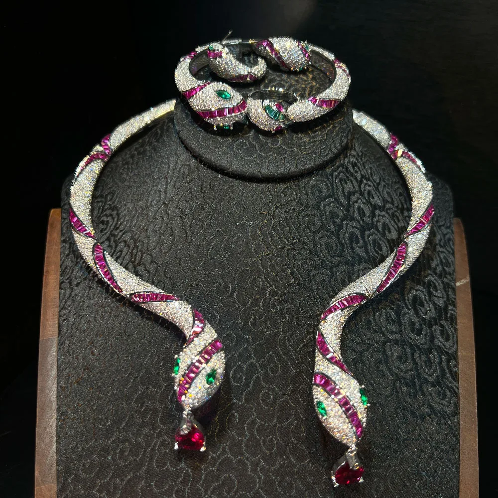 jewelry Set Snake style zircon Necklace bracelet earrings party women’s Vintage red green blue