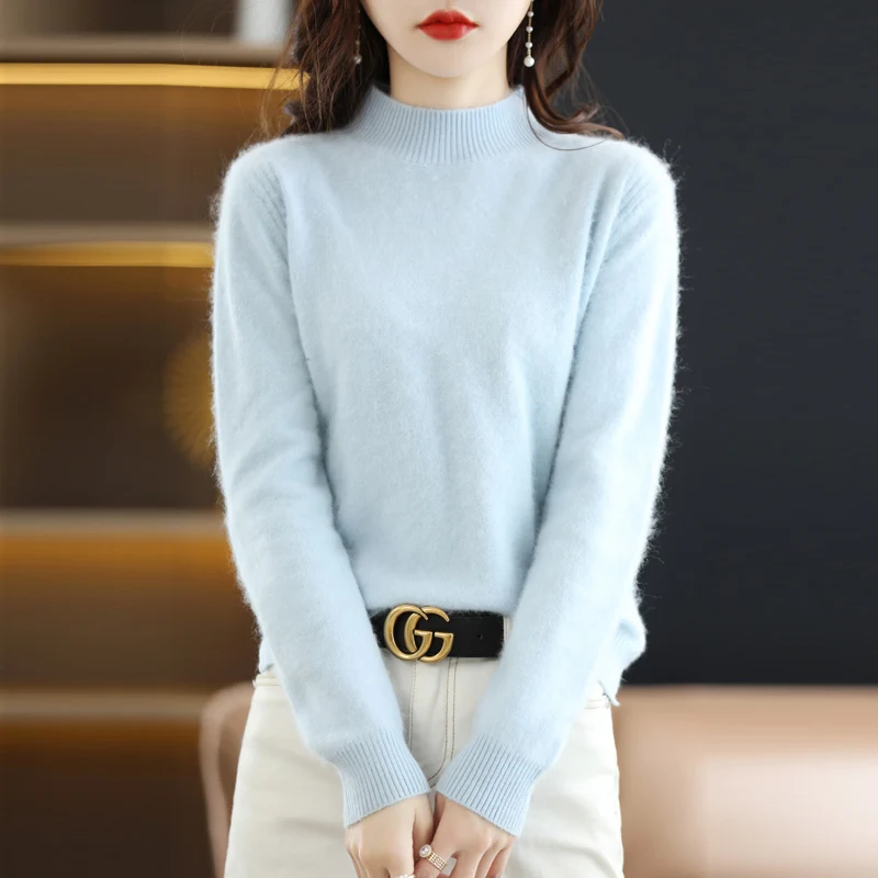 LDZWSM Winter 100%Mink Cashmere Women Half High Neck Fashion Knit Thick Solid Color Sweater Long Sleeve Large Size Base Warm Top